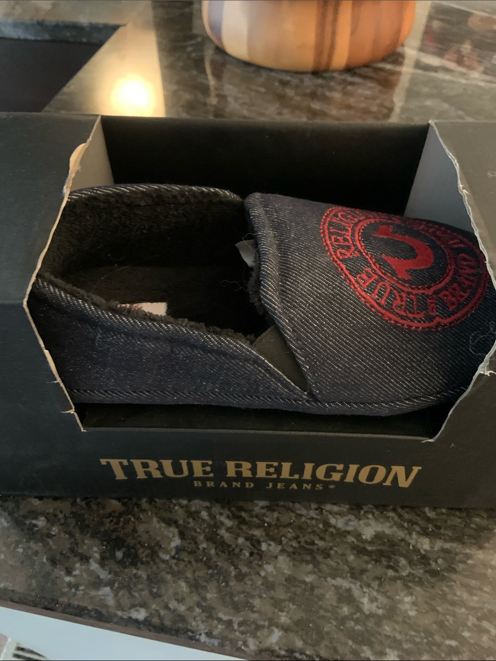 True Religion navy Denim Slip-On Loafer with Red Emblem